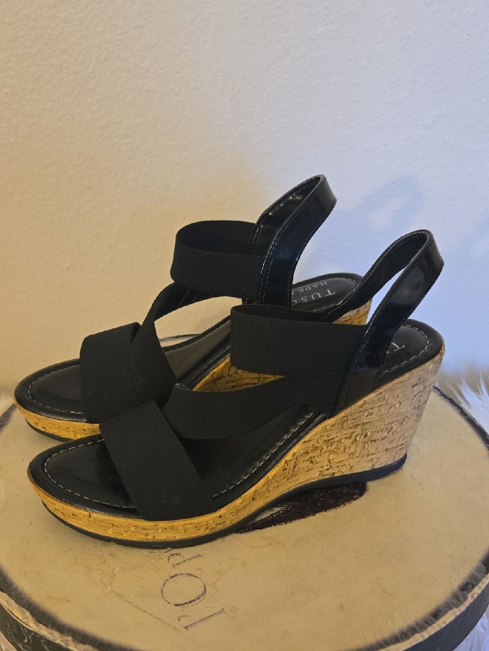 Black Cork Wedge Sandals with Elastic Crisscross Straps.Made In Italy